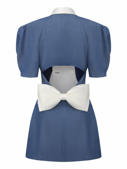 Alia Puff Sleeve Contrast Lapel Blue Dress - Nana Jacqueline