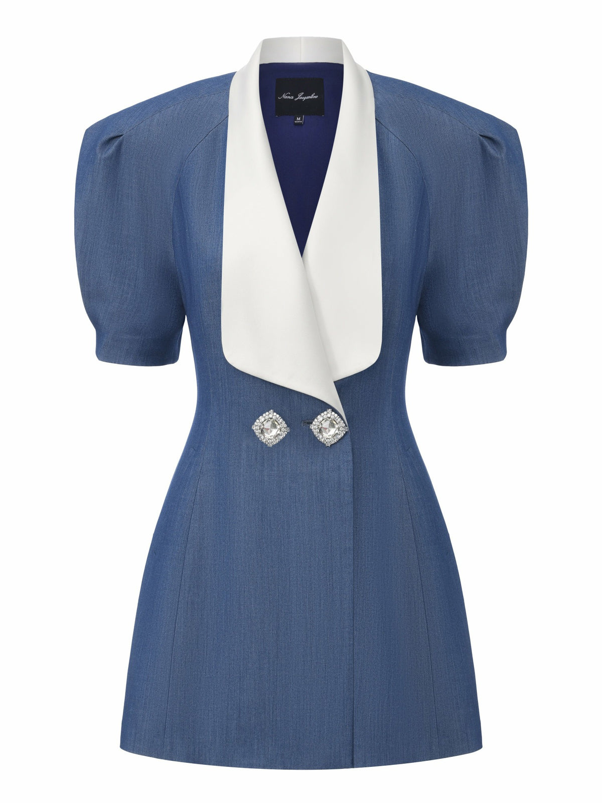 Alia Puff Sleeve Contrast Lapel Blue Dress - Nana Jacqueline