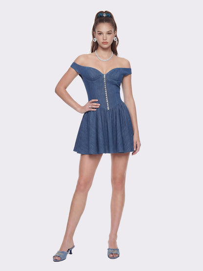 Isabela Crystal Button Blue Dress - Nana Jacqueline