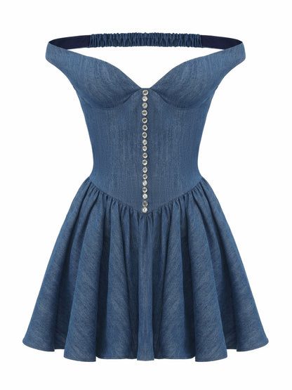 Isabela Crystal Button Blue Dress - Nana Jacqueline