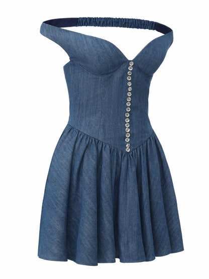 Isabela Crystal Button Blue Dress - Nana Jacqueline