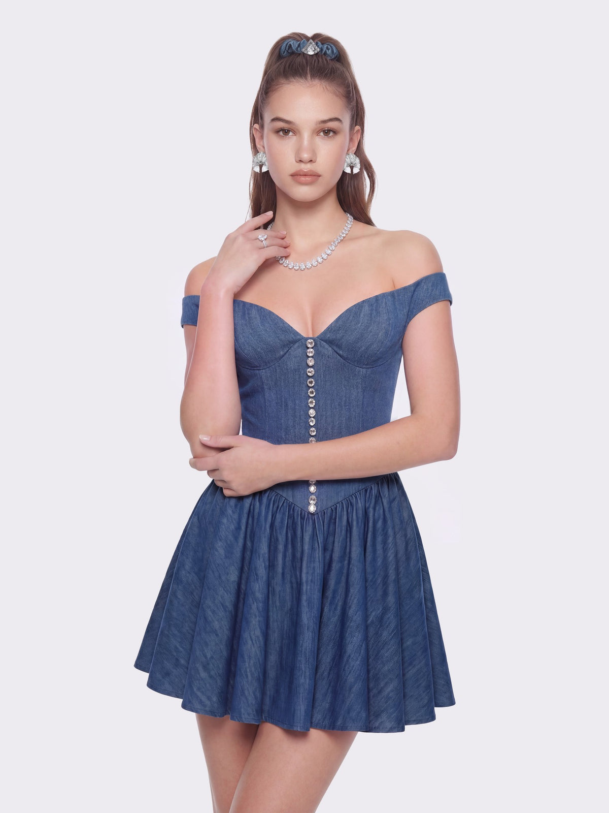 Isabela Crystal Button Blue Dress - Nana Jacqueline