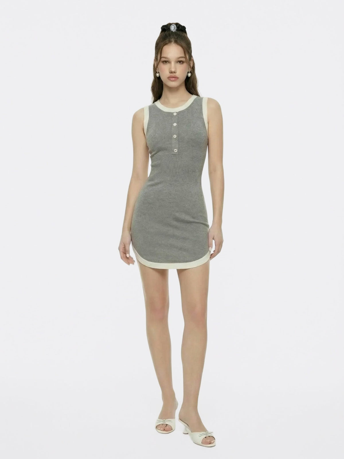 Grey Contrast-Trim Knit Mini Dress - Nana Jacqueline