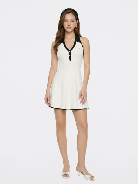 White Contrast Halter Knit Mini Dress - Nana Jacqueline