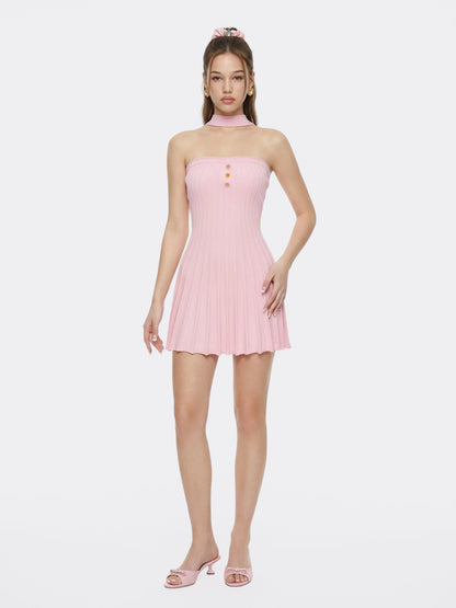 Pink Reverse Halter Knit Flared Dress - Nana Jacqueline