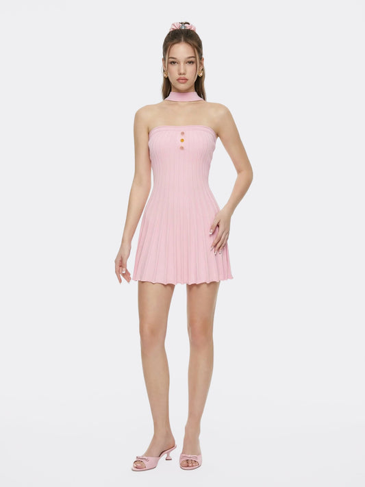 Pink Reverse Halter Knit Flared Dress - Nana Jacqueline