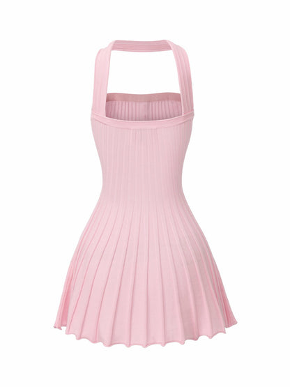 Pink Reverse Halter Knit Flared Dress - Nana Jacqueline
