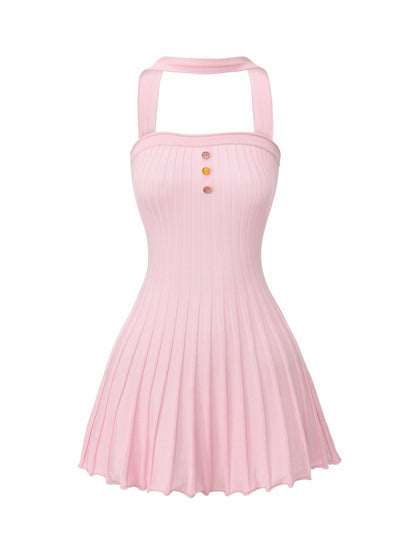 Pink Reverse Halter Knit Flared Dress - Nana Jacqueline