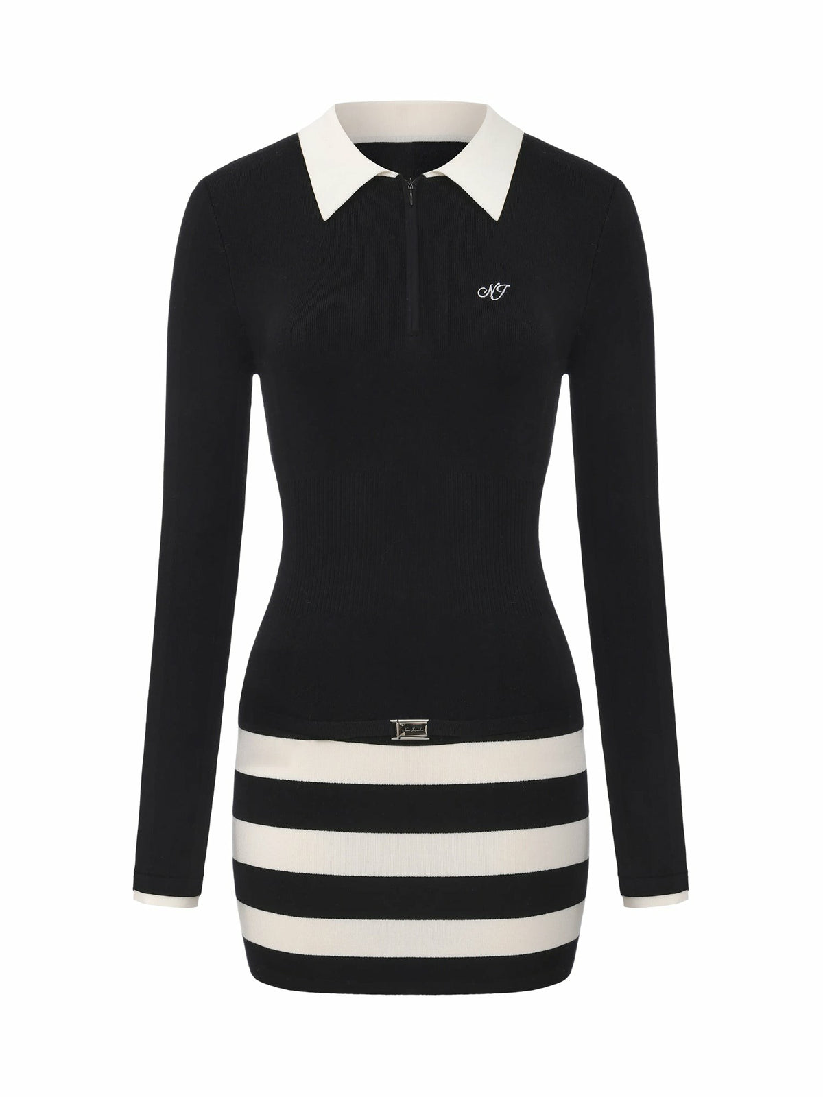 Black Striped Knit Dress with Contrast Collar - Nana Jacqueline