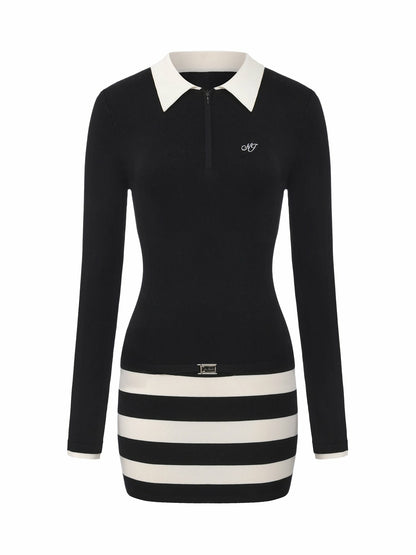 Black Striped Knit Dress with Contrast Collar - Nana Jacqueline