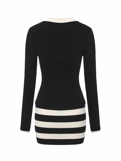 Black Striped Knit Dress with Contrast Collar - Nana Jacqueline