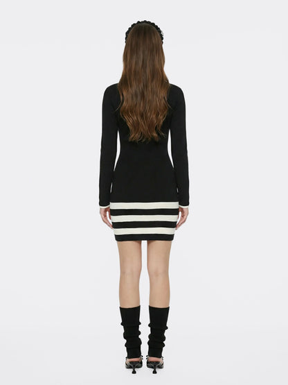 Black Striped Knit Dress with Contrast Collar - Nana Jacqueline