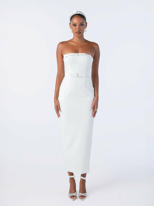 Demi Bow Dress: White Midi Dress for Bridal Shower - Nana Jacqueline