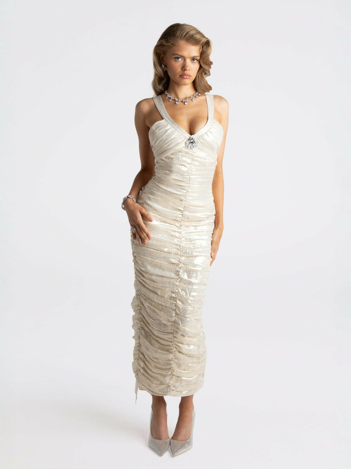 Adele Diamond Dress: Gold Midi Dress for Cocktail Party - Nana Jacqueline