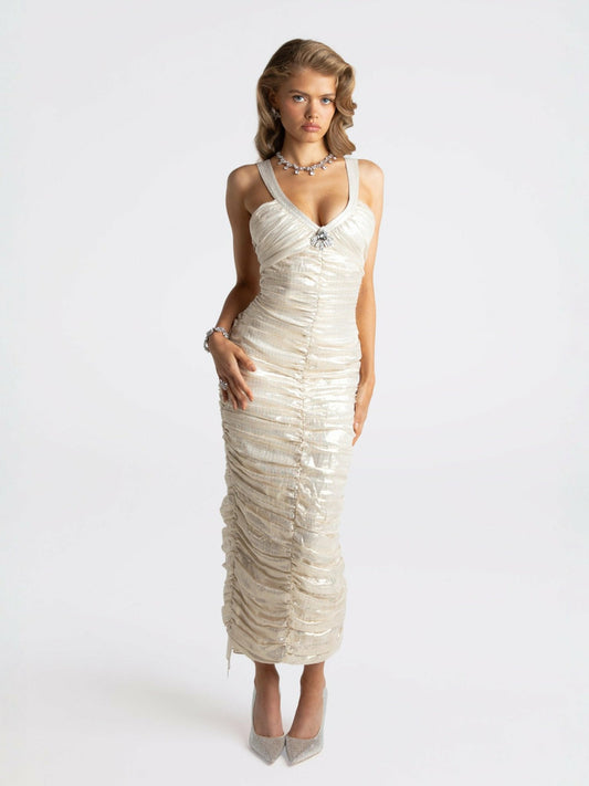 Adele Diamond Dress: Gold Midi Dress for Cocktail Party - Nana Jacqueline