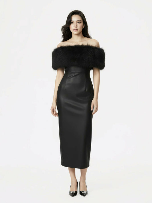 Gabrielle Fur Maxi Dress: Black Maxi Dress for Cocktail Party - Nana Jacqueline