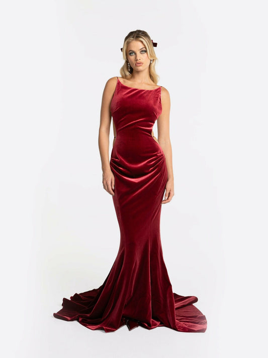 Pauline Velvet Dress: Red Maxi Dress for Formal Wedding Guest - Nana Jacqueline