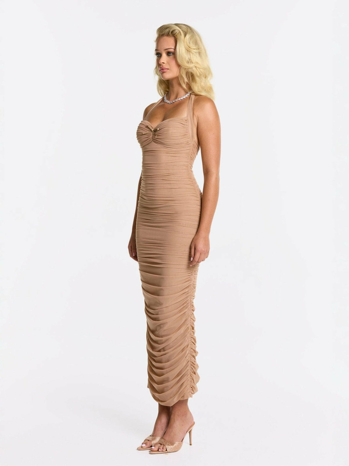 Francesca Dress: Beige Midi Dress for Cocktail Party - Nana Jacqueline