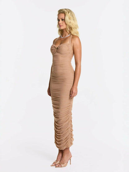 Francesca Dress: Beige Midi Dress for Cocktail Party - Nana Jacqueline