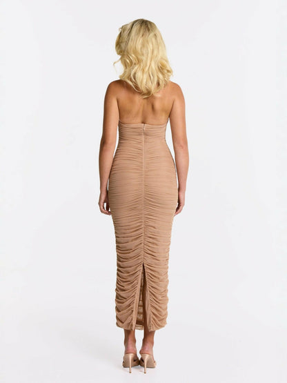 Francesca Dress: Beige Midi Dress for Cocktail Party - Nana Jacqueline