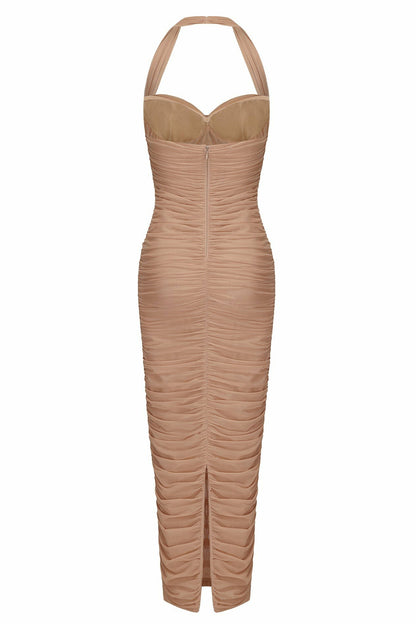 Francesca Dress: Beige Midi Dress for Cocktail Party - Nana Jacqueline