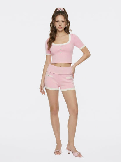Pink Contrast-Trim Fitted Knit Top - Nana Jacqueline
