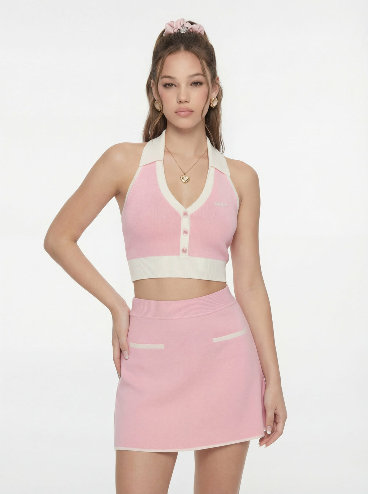 Pink Contrast Halter Knit Top - Nana Jacqueline
