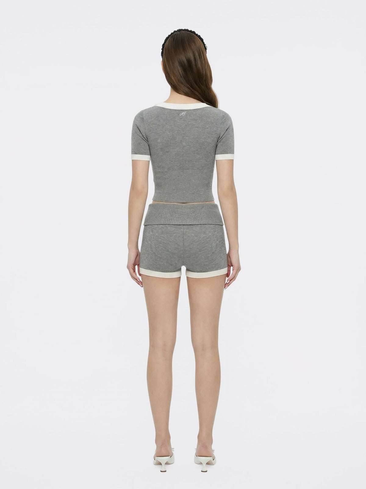 Grey Contrast-Trim Knit Top with Pearl Buttons - Nana Jacqueline