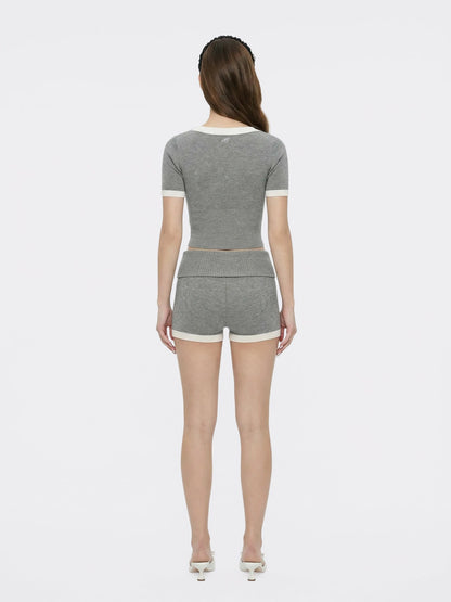 Grey Contrast-Trim Knit Top with Pearl Buttons - Nana Jacqueline