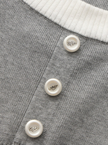 Grey Contrast-Trim Knit Top with Pearl Buttons - Nana Jacqueline