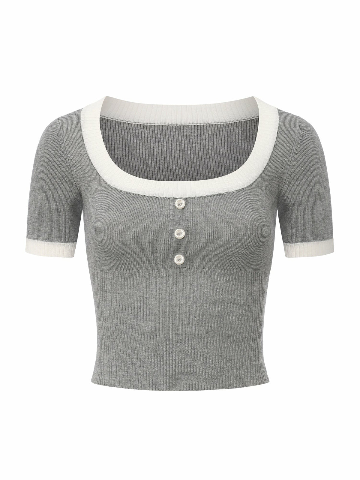 Grey Contrast-Trim Knit Top with Pearl Buttons - Nana Jacqueline