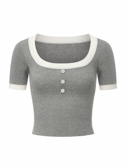 Grey Contrast-Trim Knit Top with Pearl Buttons - Nana Jacqueline