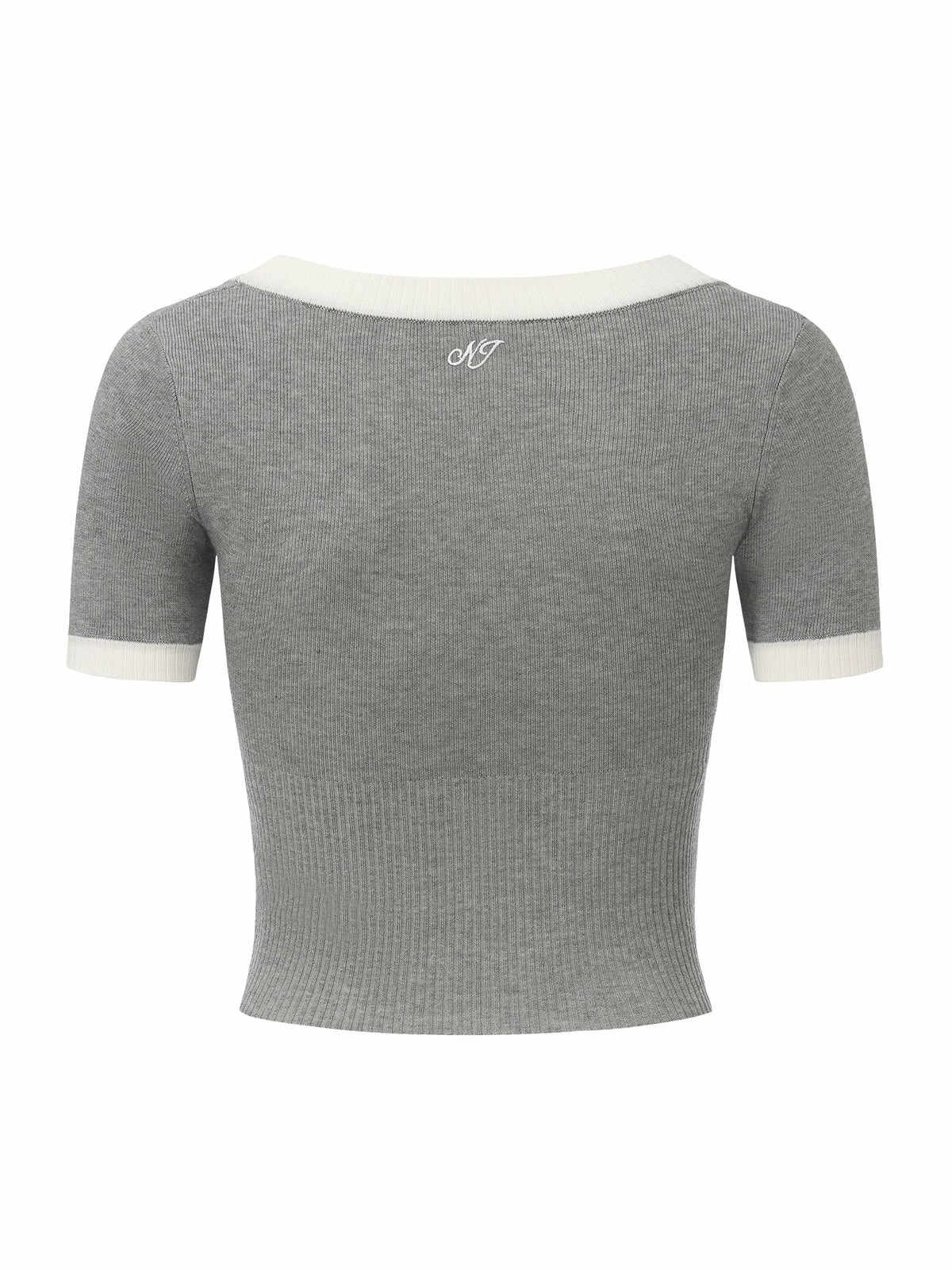 Grey Contrast-Trim Knit Top with Pearl Buttons - Nana Jacqueline