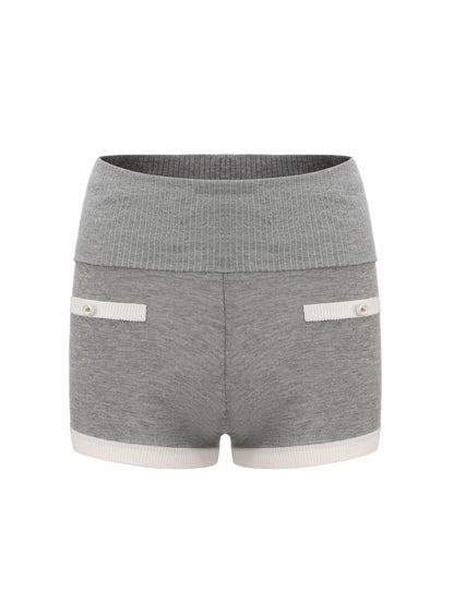 Grey Knit Shorts with Fold-Over Waistband - Nana Jacqueline