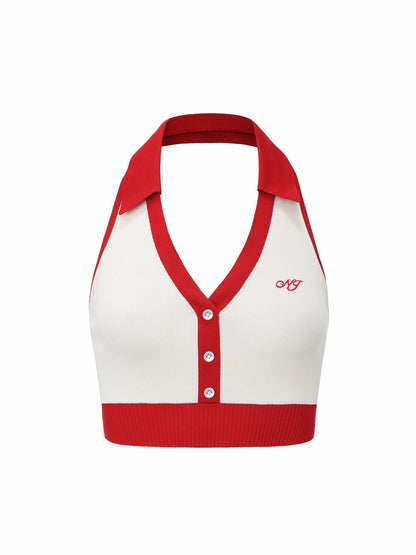 White Contrast Halter Knit Top - Nana Jacqueline