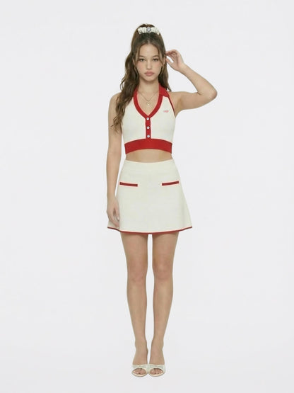 White Contrast Halter Knit Top - Nana Jacqueline