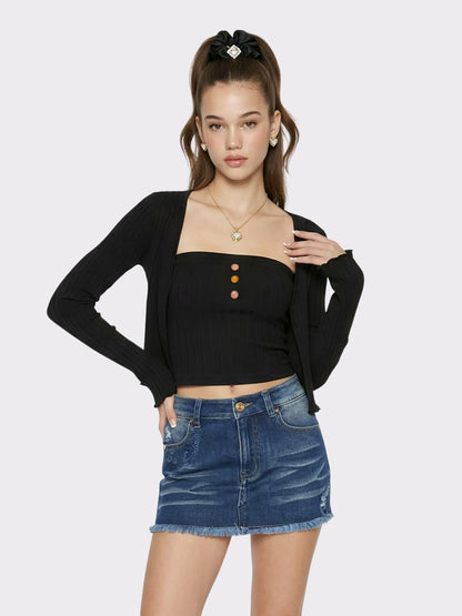 Black Cropped Ribbed Knit Cardigan - Nana Jacqueline