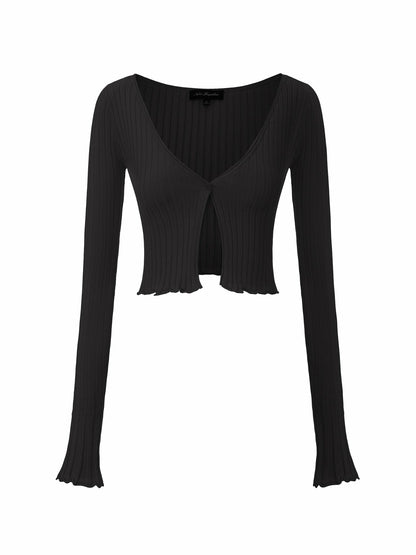 Black Cropped Ribbed Knit Cardigan - Nana Jacqueline
