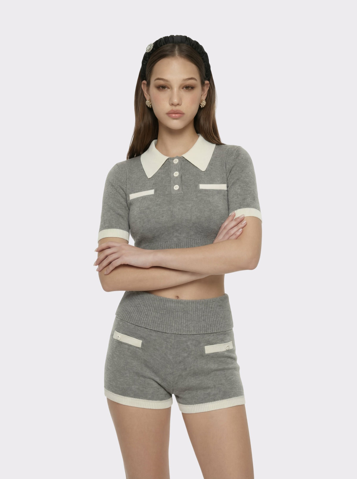 Grey Knit Top with White Contrast Collar - Nana Jacqueline
