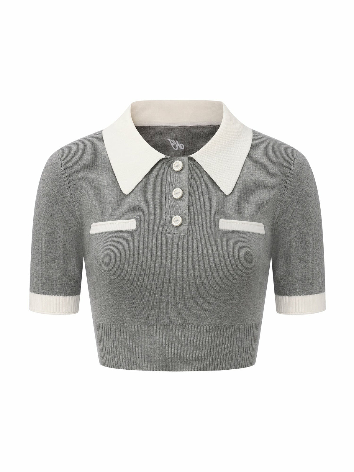 Grey Knit Top with White Contrast Collar - Nana Jacqueline