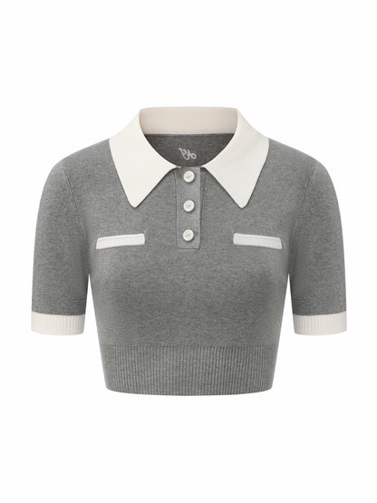 Grey Knit Top with White Contrast Collar - Nana Jacqueline