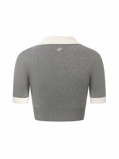 Grey Knit Top with White Contrast Collar - Nana Jacqueline