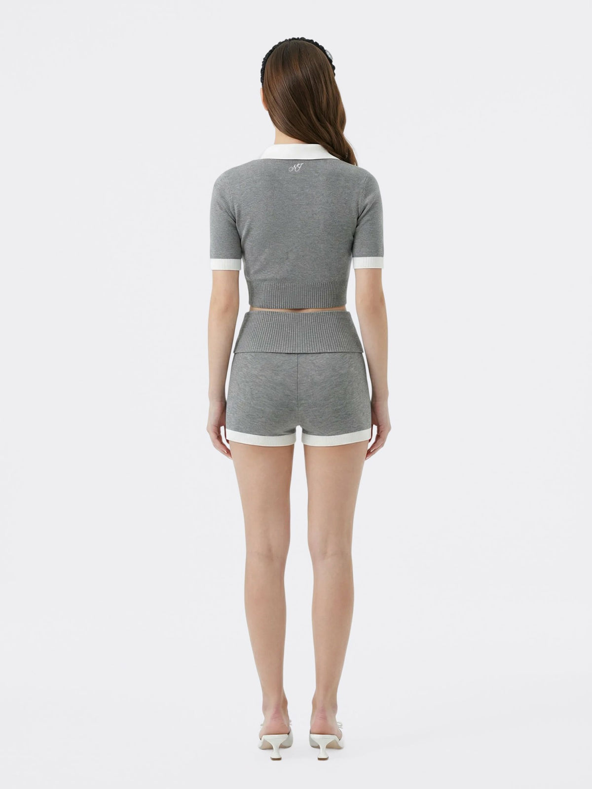 Grey Knit Top with White Contrast Collar - Nana Jacqueline