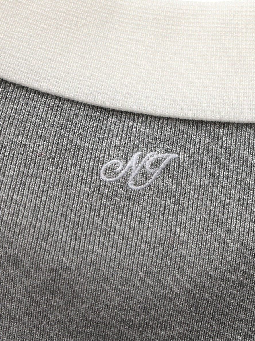 Grey Knit Top with White Contrast Collar - Nana Jacqueline
