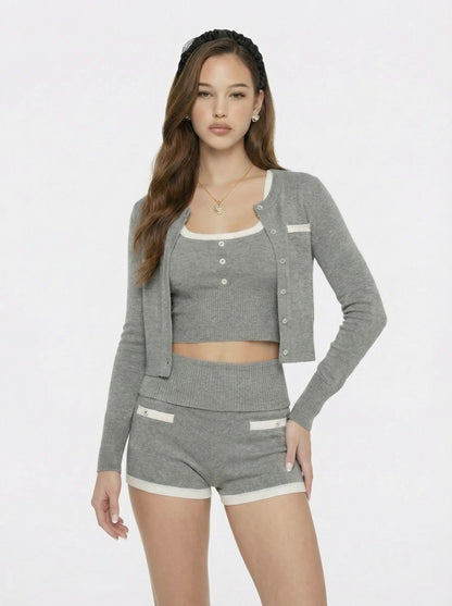Grey Fitted Round-Neck Knit Cardigan - Nana Jacqueline