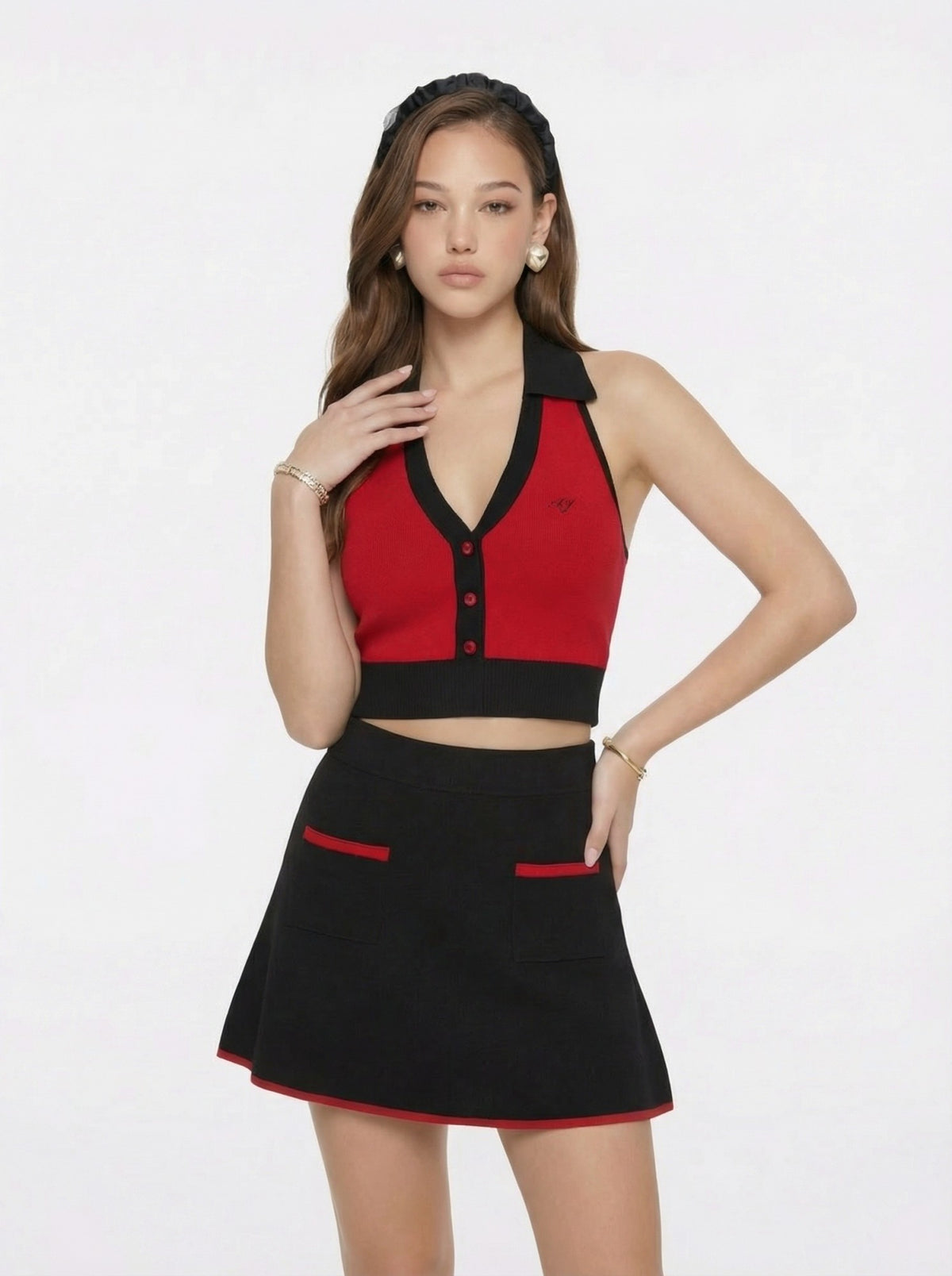 Red Contrast Halter Knit Top - Nana Jacqueline