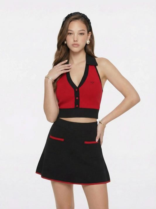 Red Contrast Halter Knit Top - Nana Jacqueline