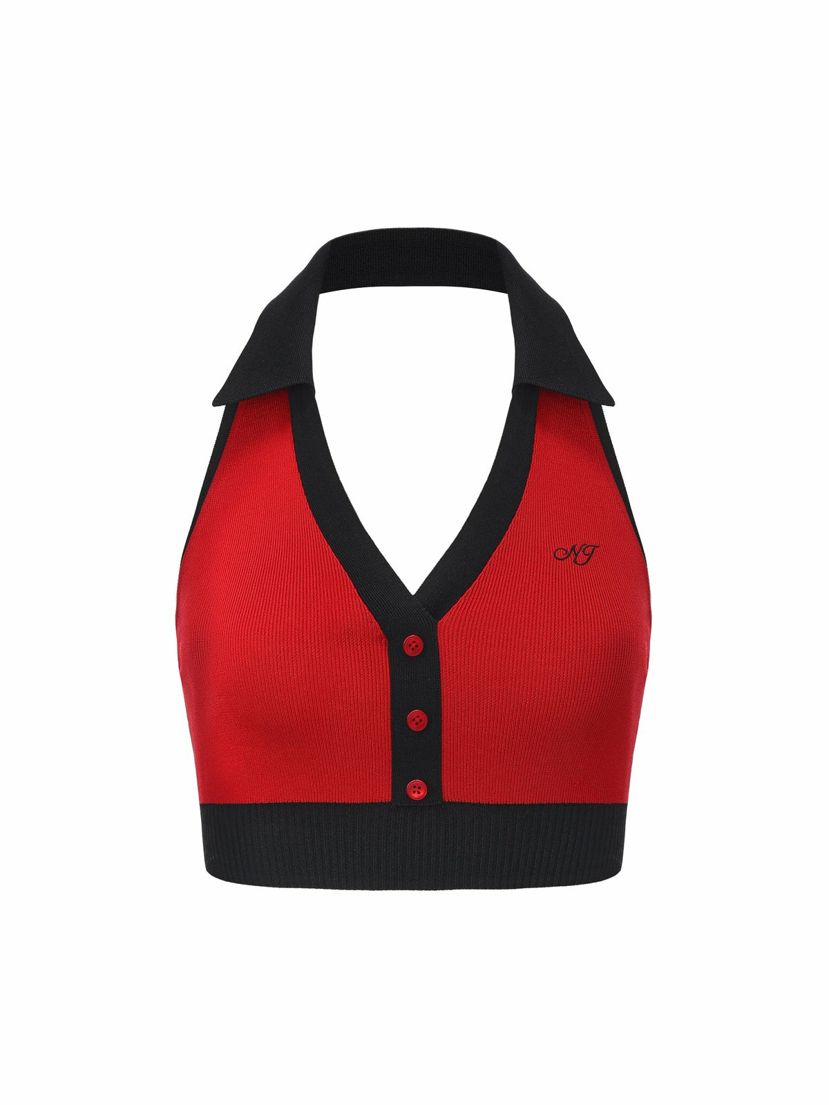 Red Contrast Halter Knit Top - Nana Jacqueline