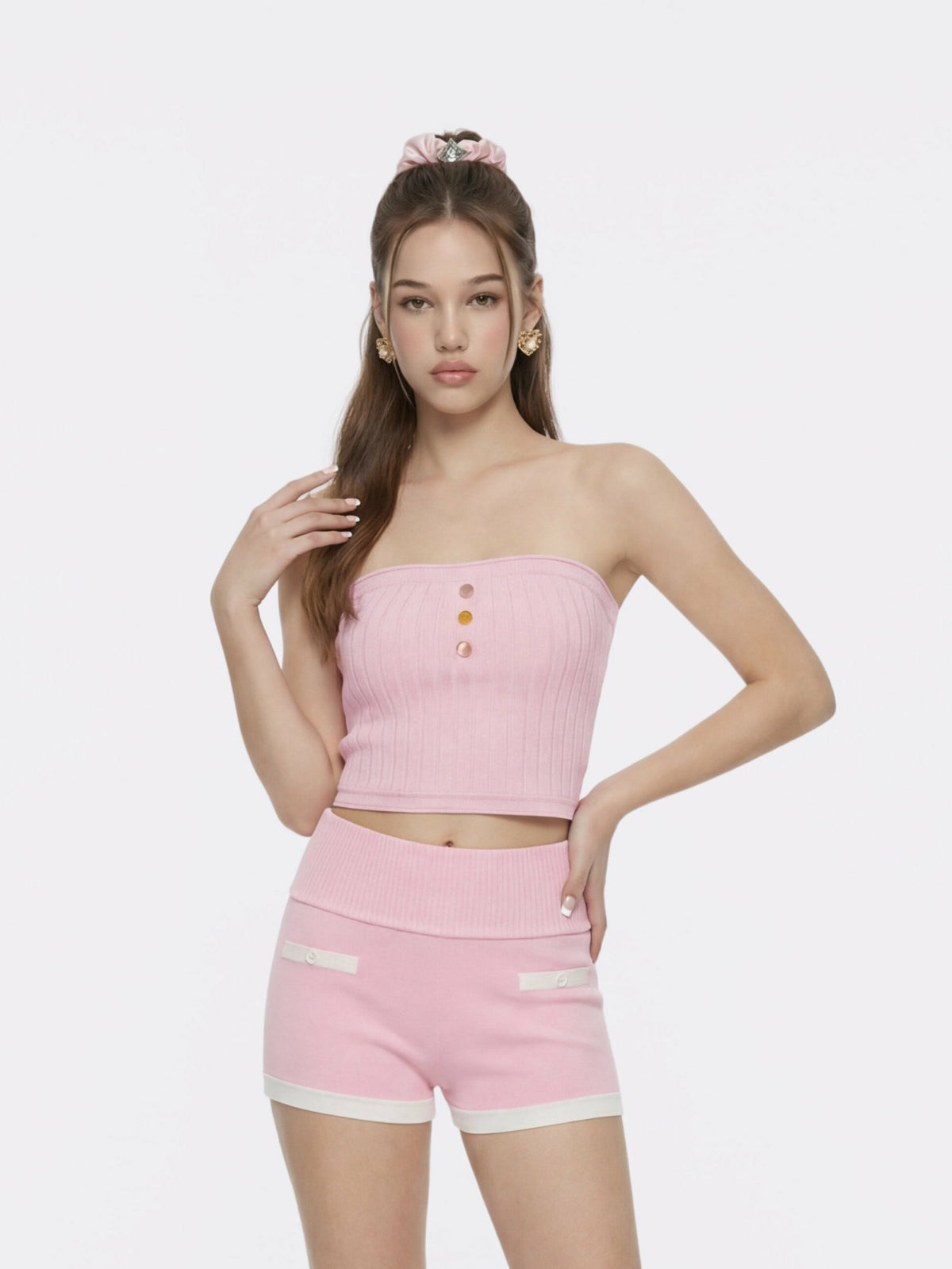 Pink Knit Tube Top with Gemstone Buttons - Nana Jacqueline