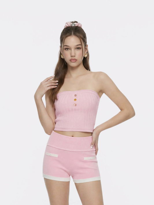 Pink Knit Tube Top with Gemstone Buttons - Nana Jacqueline